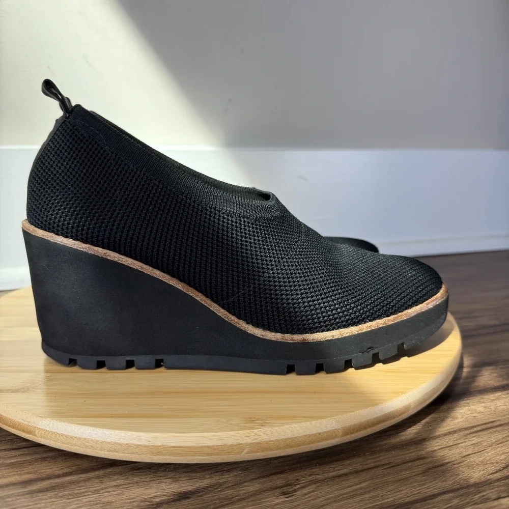 Eileen Fisher Wedge Pump Womens 8 Black Knit Platform Lug Sole Quiet Luxury Chic